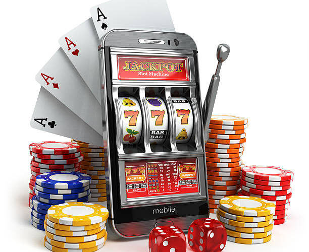 Online casino concept. Mobile phone, slot machine, dice and cards. 3d