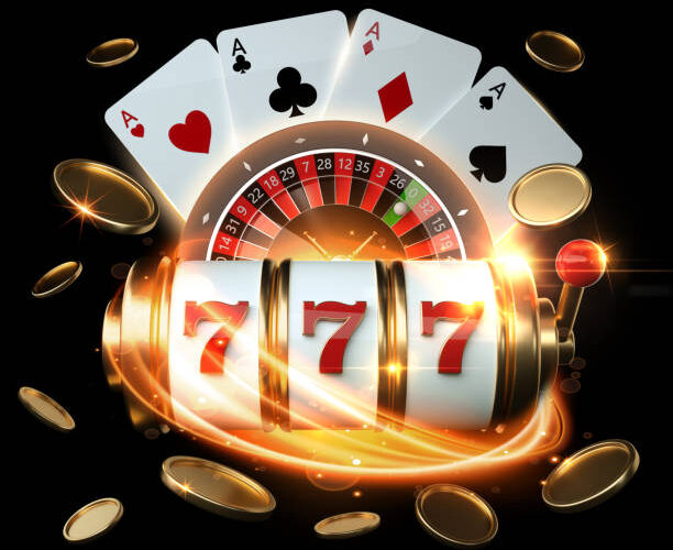 Slot Machine, Roulette Wheel And Four Aces With Golden Coins 3D Rendering